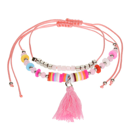 AL011 - Aloha Summer Anklet Bracelet -Multicoloured/Baby Pink Tassel
