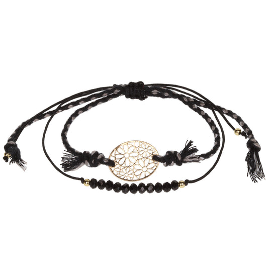 AL036 - Aloha Summer Anklet Bracelet - Black/Flower Charm