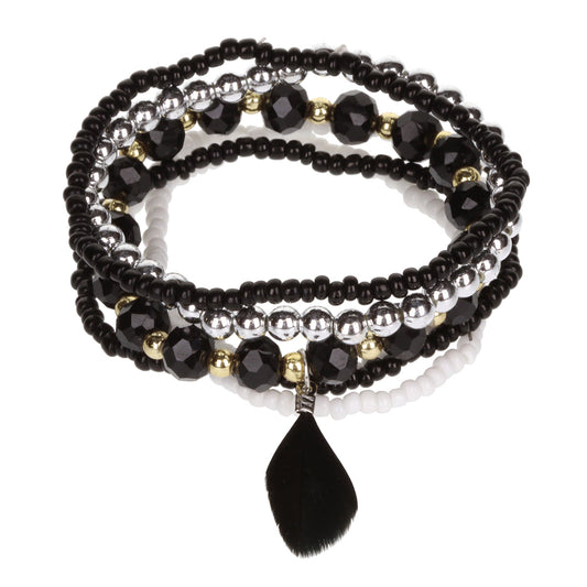 AL039 - Aloha Festival Multi Stack Bracelets - Black And White/Feather Charm