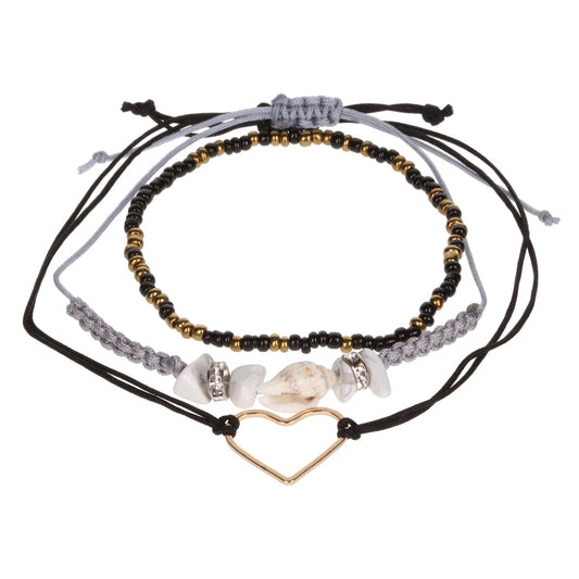 AL045 - Aloha Festival Multi Stack Bracelets - Black And Grey/Heart Charm