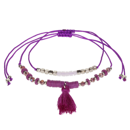 AL046 - Aloha Summer Anklet Bracelet - Purple And Silver/Tassel