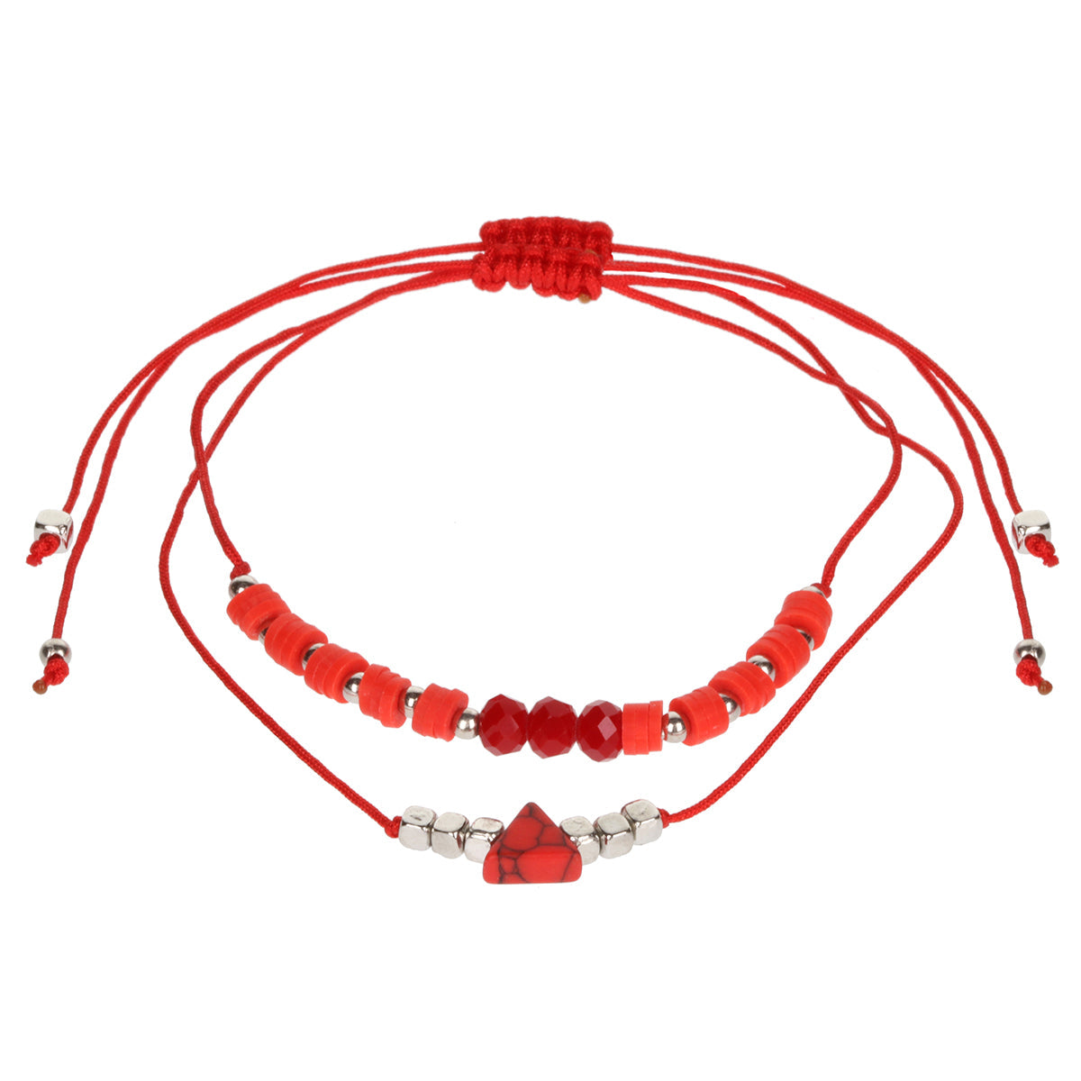 Aloha Summer Anklet Bracelet - Red And Silver/Marble Triangle Charm