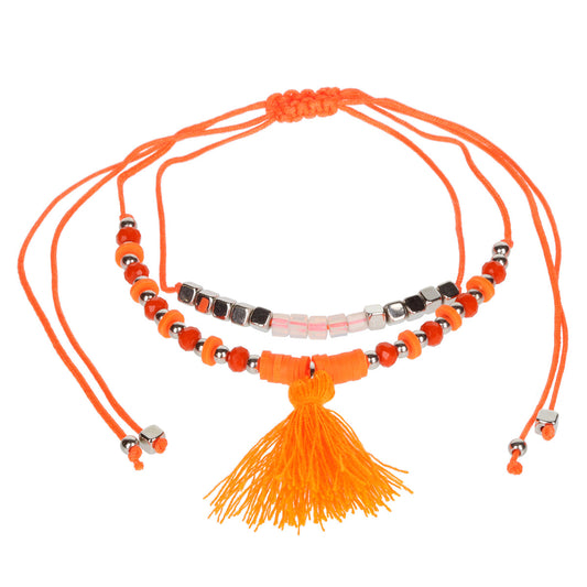 AL071 - Aloha Summer Anklet Bracelet - Orange And Silver/Tassel