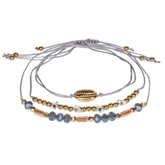AL074 - Aloha Festival Multi Stack Bracelets - Silver And Gold/Shell Charm