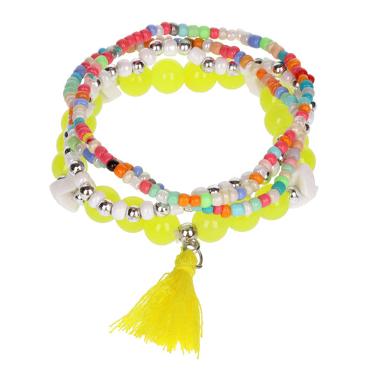 AL081 - Aloha Festival Multi Stack Bracelets - Multicoloured/Neon Tassel