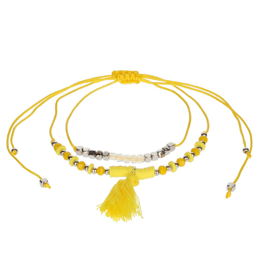 AL083 - Aloha Summer Anklet Bracelet - Yellow And Silver/Tassel