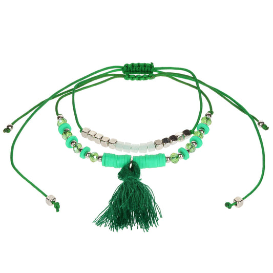 AL084 - Aloha Summer Anklet Bracelet - Green And Silver/Tassel