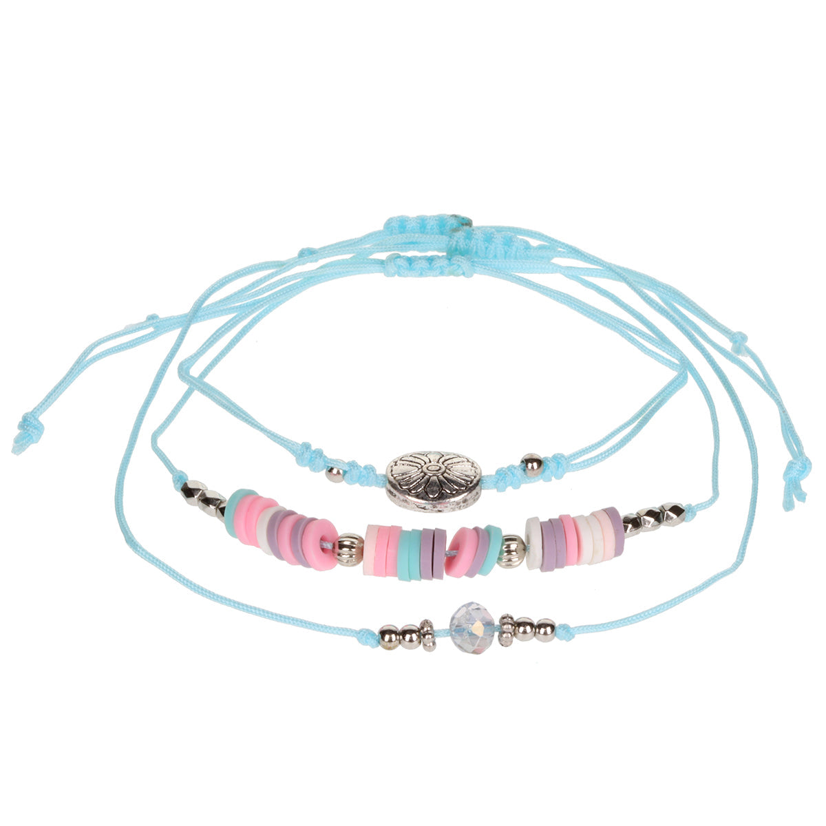 Aloha Festival Multi Stack Bracelets - Pastel Coloured/Silver Flower Charm