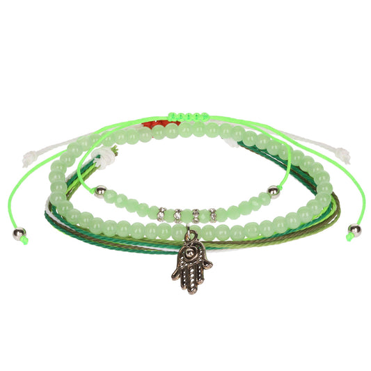 AL109 - Aloha Festival Multi Stack Bracelets - Green/Hand Of Hamsa Charm