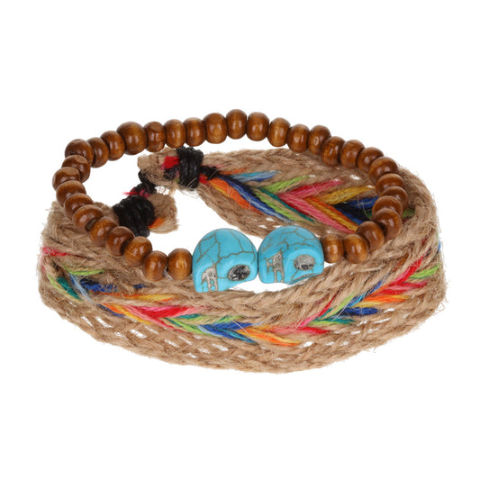 AL110 - Aloha Festival Multi Stack Bracelets - Multicoloured Chunky Braid/Blue Skulls