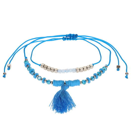 AL114 - Aloha Summer Anklet Bracelet - Blue And Silver/Tassel