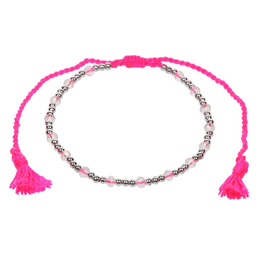 AN11 - Hot Pink Anklet With Silver Beads And Tassels