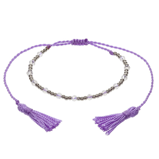 AN12 - Lilac Anklet With Silver Beads And Tassels
