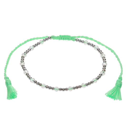 AN21 - Green Anklet With Silver Beads And Tassels