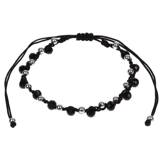 AN22 - Black Braided Anklet With Silver And Black Beads