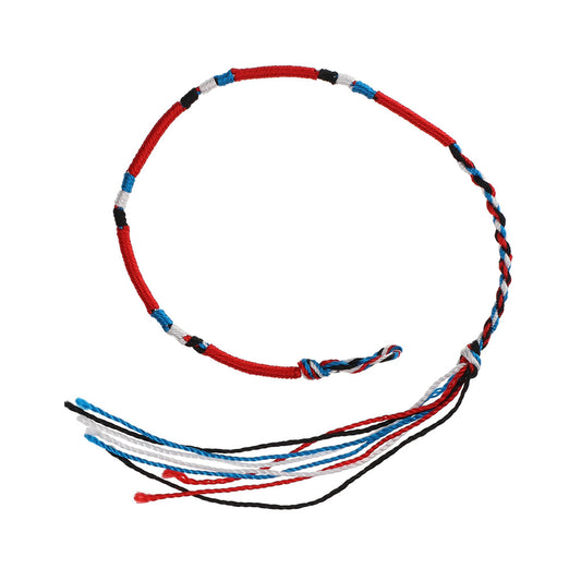 FB-E2 - Multicoloured Red Wrapped Friendship Bracelet With White, Blue And Black Stripes
