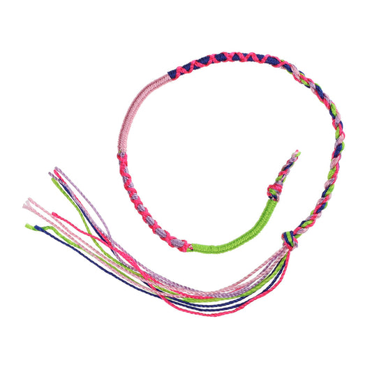 FB-F7 - Multicoloured Navy, Lilac And Bright Green Friendship Bracelet With Pink Crosses