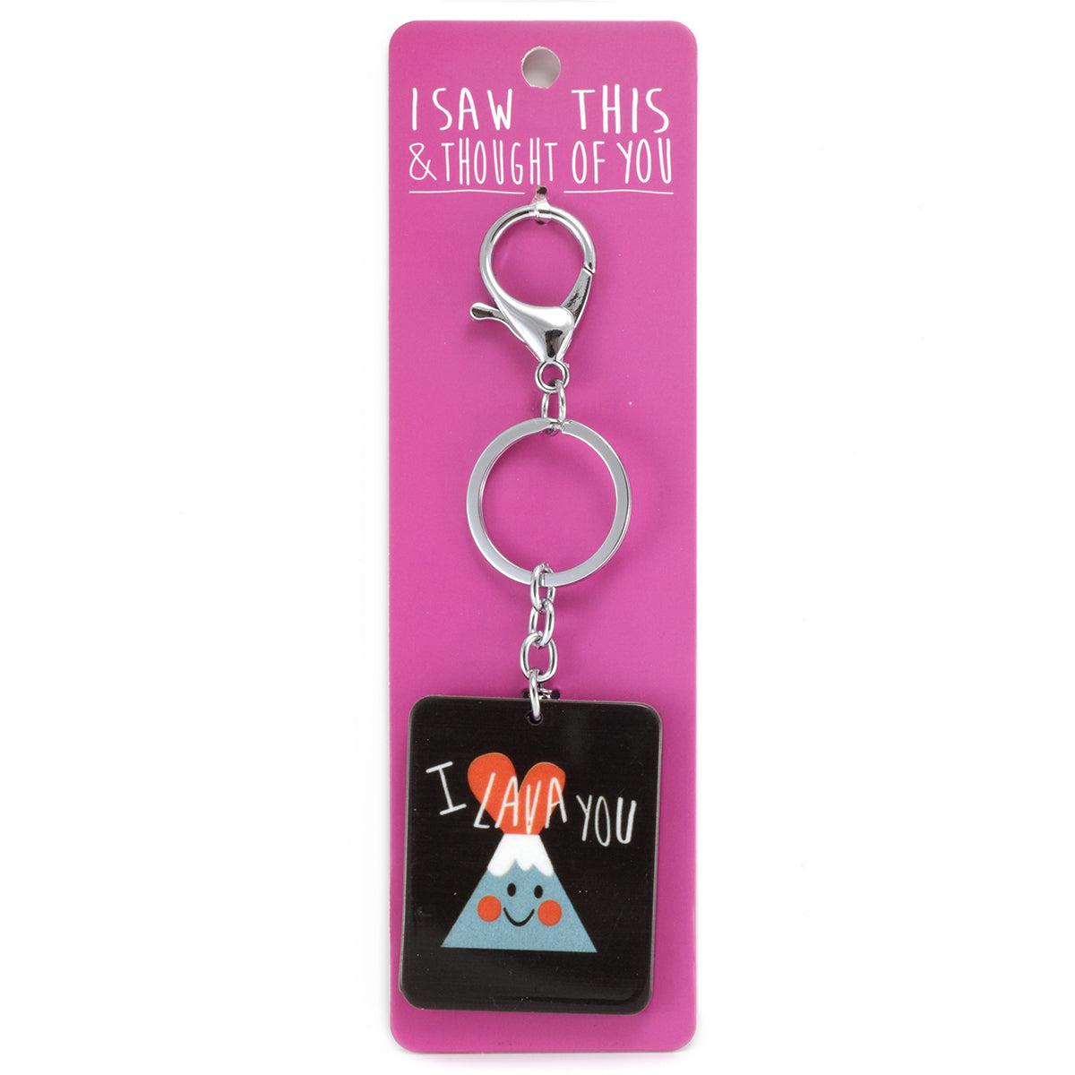 Black Rectangle Keyring With 'I Lava You' And A Smiling Volcano