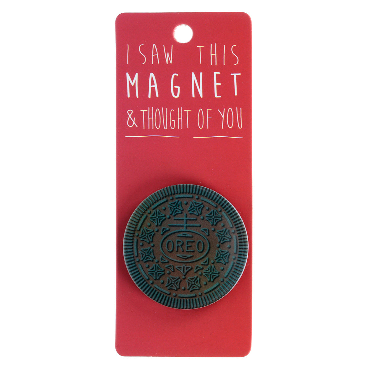 A fridge magnet saying 'Oreo'