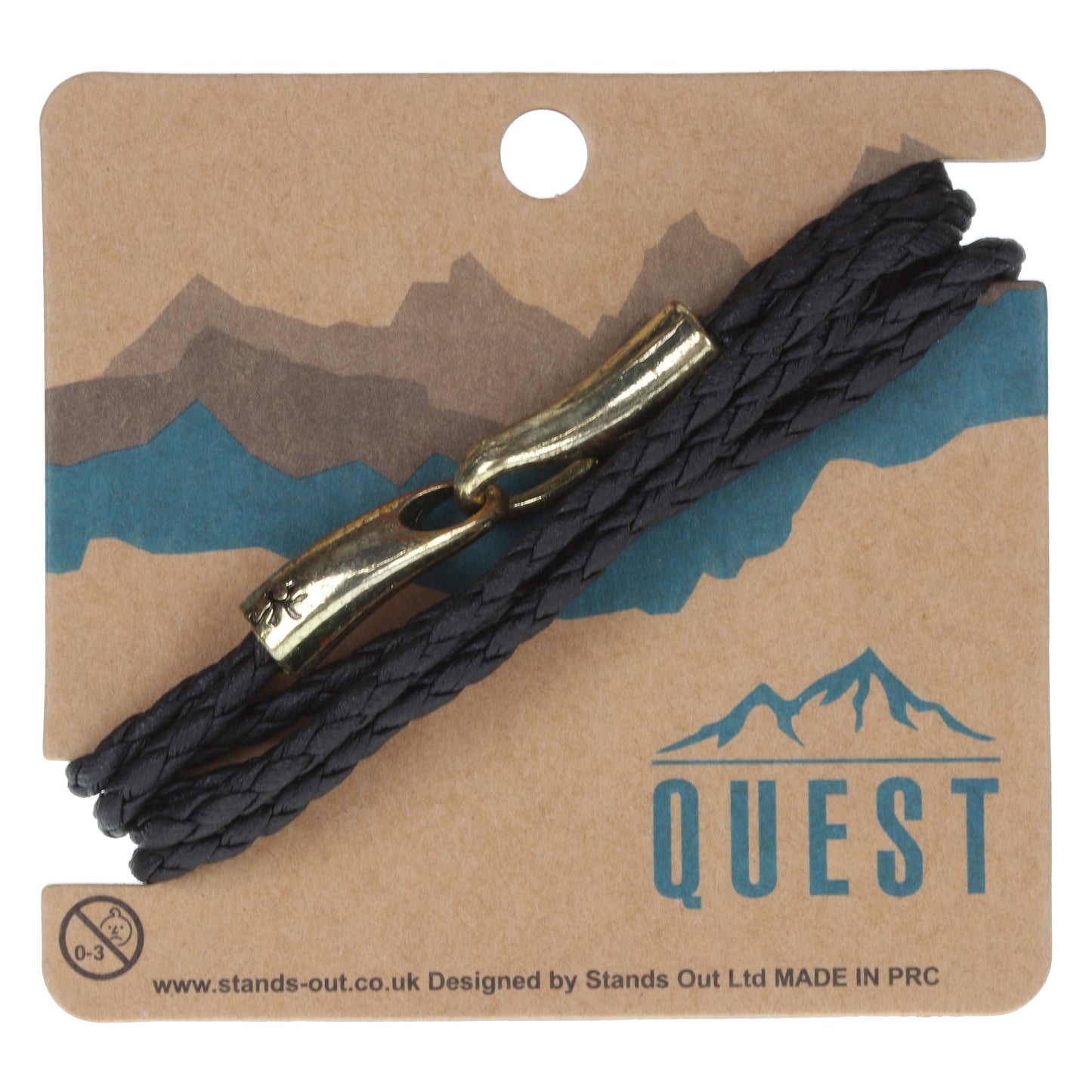 Quest Mens Black Braided Leather Bracelet With A Gold Hook Fastening