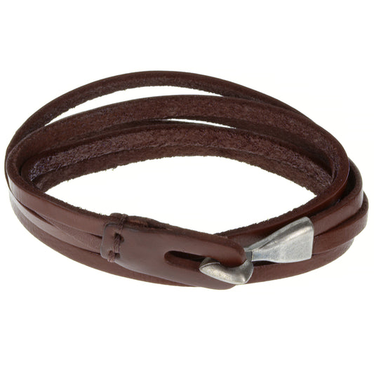 Q15 - Quest Mens Brown Leather Strand Bracelet With A Silver Hook Fastening