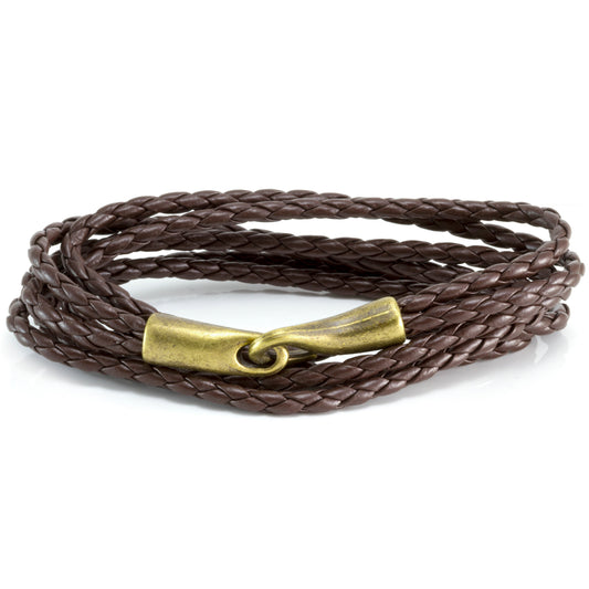 Quest Mens Brown Braided Leather Bracelet With A Gold hook Fastening