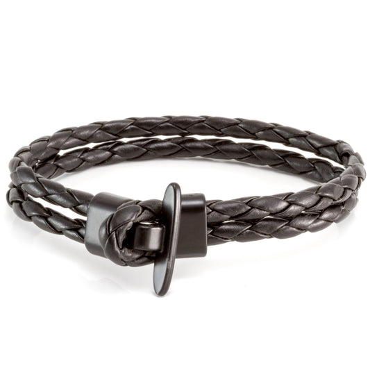 Quest Mens Black Braided Leather Double Strand Bracelet With A Black Toggle Clasp