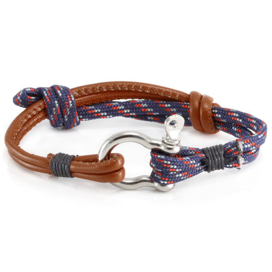 Quest Mens Brown And Blue Patterned Braided Leather Bracelet With A Silver Push Clasp