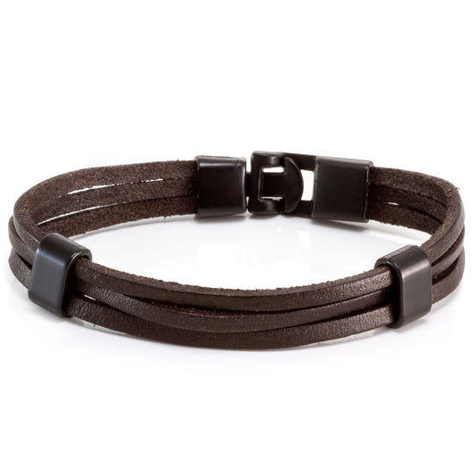 Quest Mens Brown Leather Triple Strand Bracelet With A Black Toggle Clasp