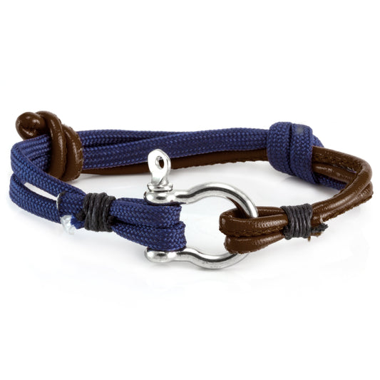 Quest Mens Brown And Blue Braided Leather Bracelet With A Silver Push Clasp