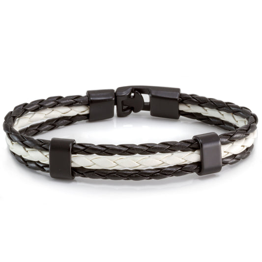 Quest Mens Black And White Braided Leather Bracelet With A Black Toggle Clasp