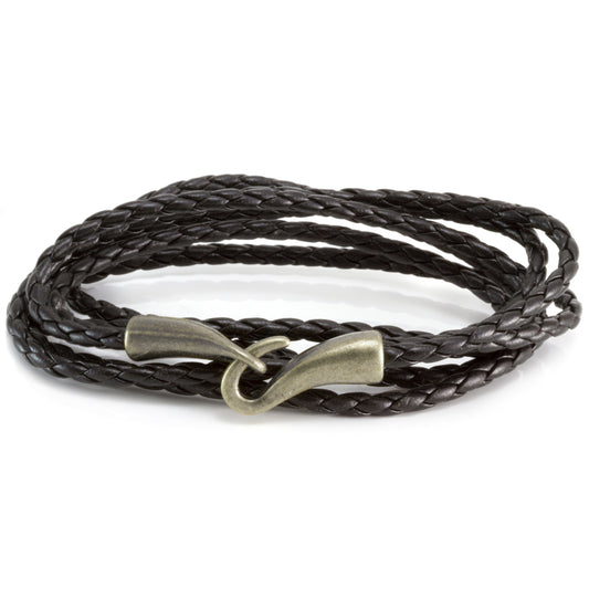 Quest Mens Black Braided Leather Bracelet With A Gold Hook Fastening