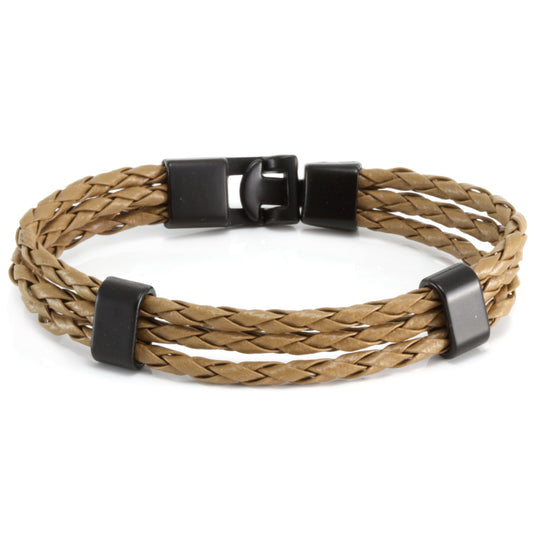 Q7 - Quest Mens Dark Beige Braided Leather Bracelet With A Black Toggle Clasps