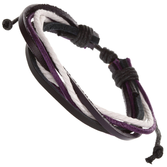 Whirlybird Black Leather Lifestyle Bracelet With Purple And White Strands