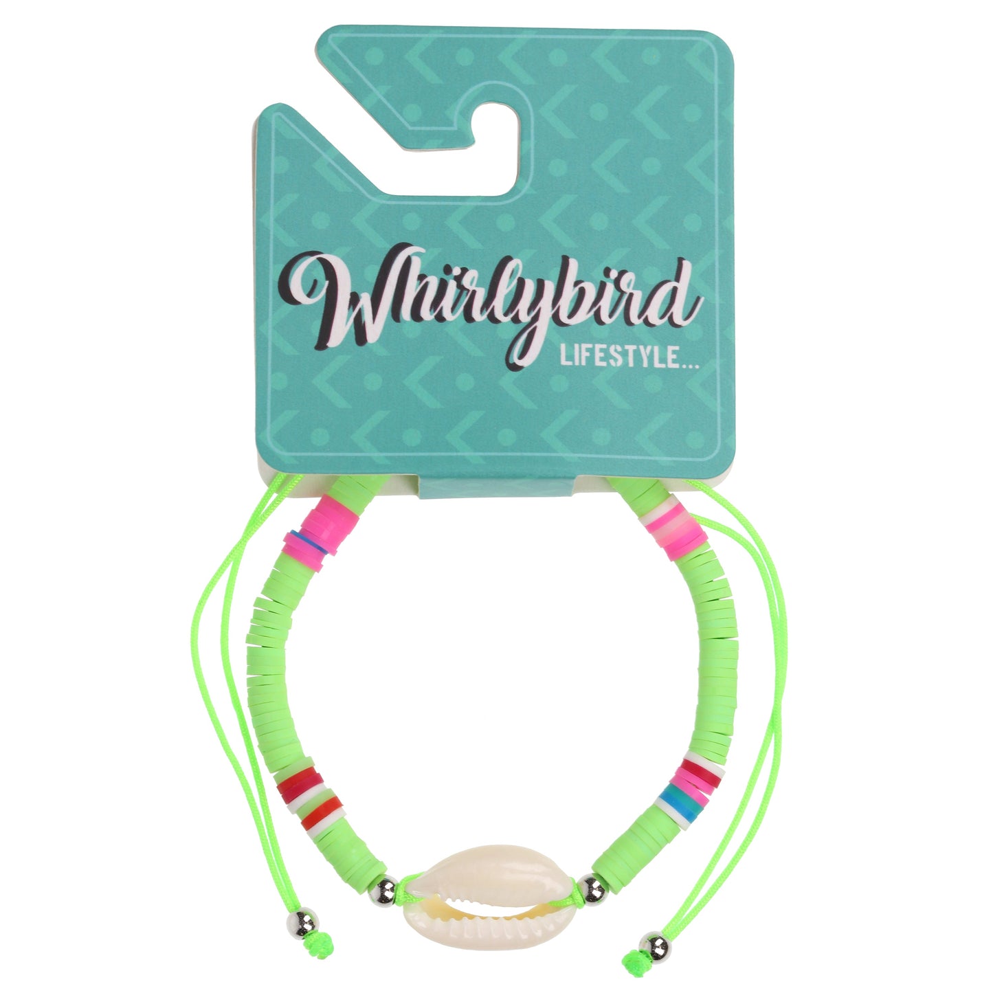 Whirlybird Neon Green And Multicoloured Beaded Lifestyle Bracelet With A Shell Charm