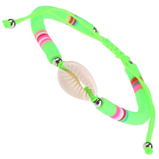 WBL46 - Whirlybird Neon Green And Multicoloured Beaded Lifestyle Bracelet With A Shell Charm