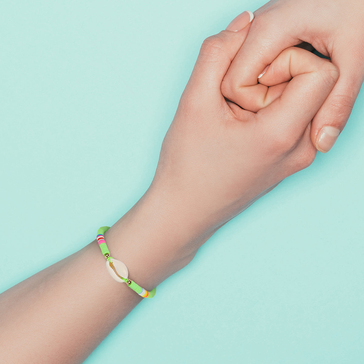 WBL46 - Whirlybird Neon Green And Multicoloured Beaded Lifestyle Bracelet With A Shell Charm