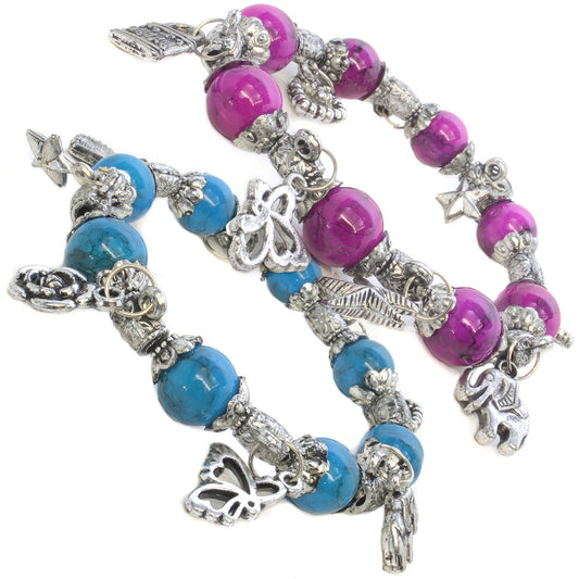 Whirlybird Pink OR Blue Beaded Bracelet With Varied Silver Charms