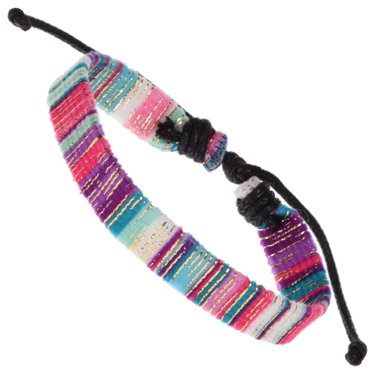Whirlybird Multicoloured Pink, Purple And Blue Cotton Lifestyle Bracelet With Gold Stripes