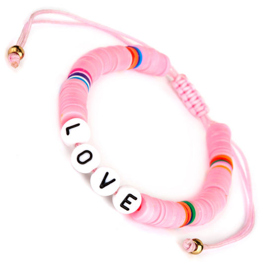 Whirlybird Pink Beaded Lifestyle Bracelet With White Beads Spelling 'Love'