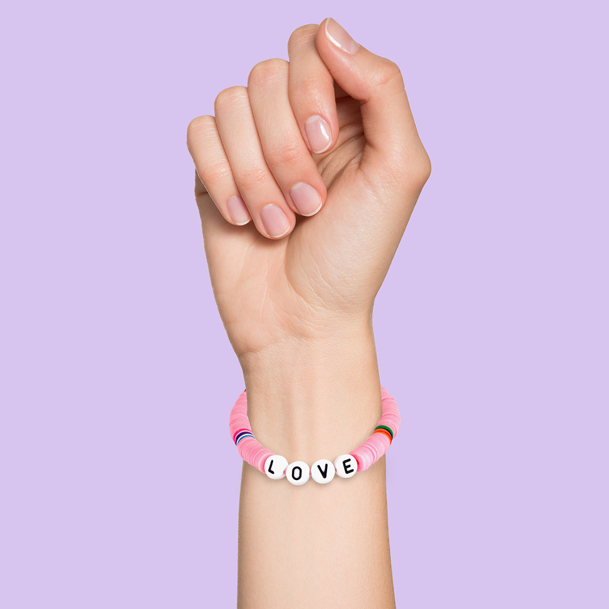 Whirlybird Pink Beaded Lifestyle Bracelet With White Beads Spelling 'Love'