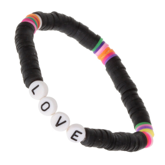 WBL67 - Whirlybird Black And Multicoloured Lifestyle Bracelet With White Beads That Spell 'Love'