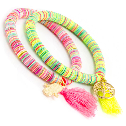 WBL77 - Whirlybird Pink Tassel Hamsa Charm Bracelet OR Yellow Tassel Tree Of Life Bracelet
