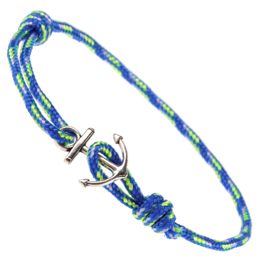 Whirlybird Blue, Neon Green And White Cotton Bracelet With A Silver Anchor Fastening