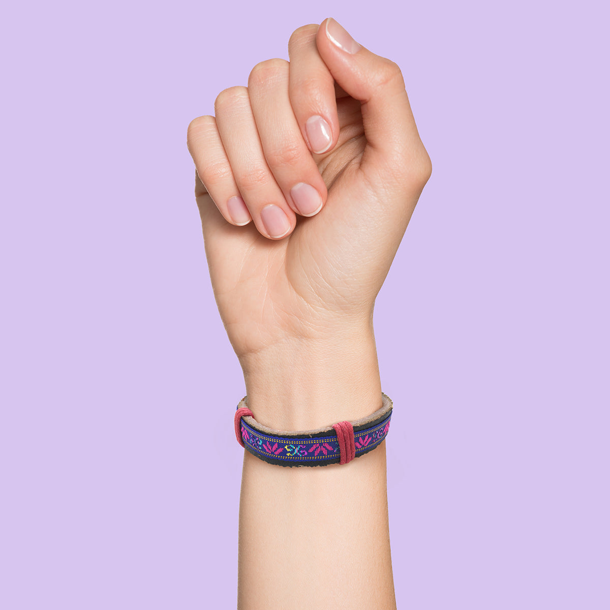 WBL113 - Whirlybird Blue And Pink Leather Lifestyle Bracelet With Multicoloured Patterns