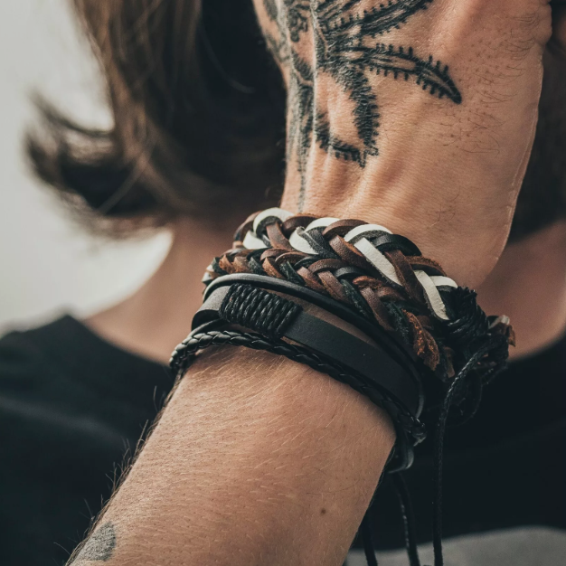 Mens Brown Leather Whirlybird Bracelet With Straps And Braids