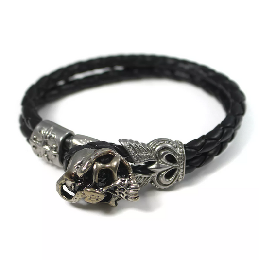 WBSS32 - Mens Whirlybird Black Double Braided Stainless Steel Skull And Wings Fastening