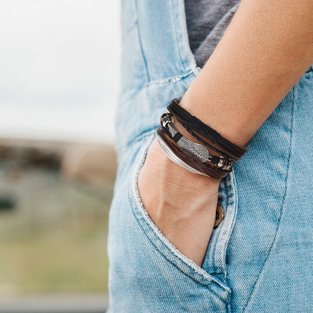 Mens Whirlybird Silver Angel Wing Stacker Bracelets
