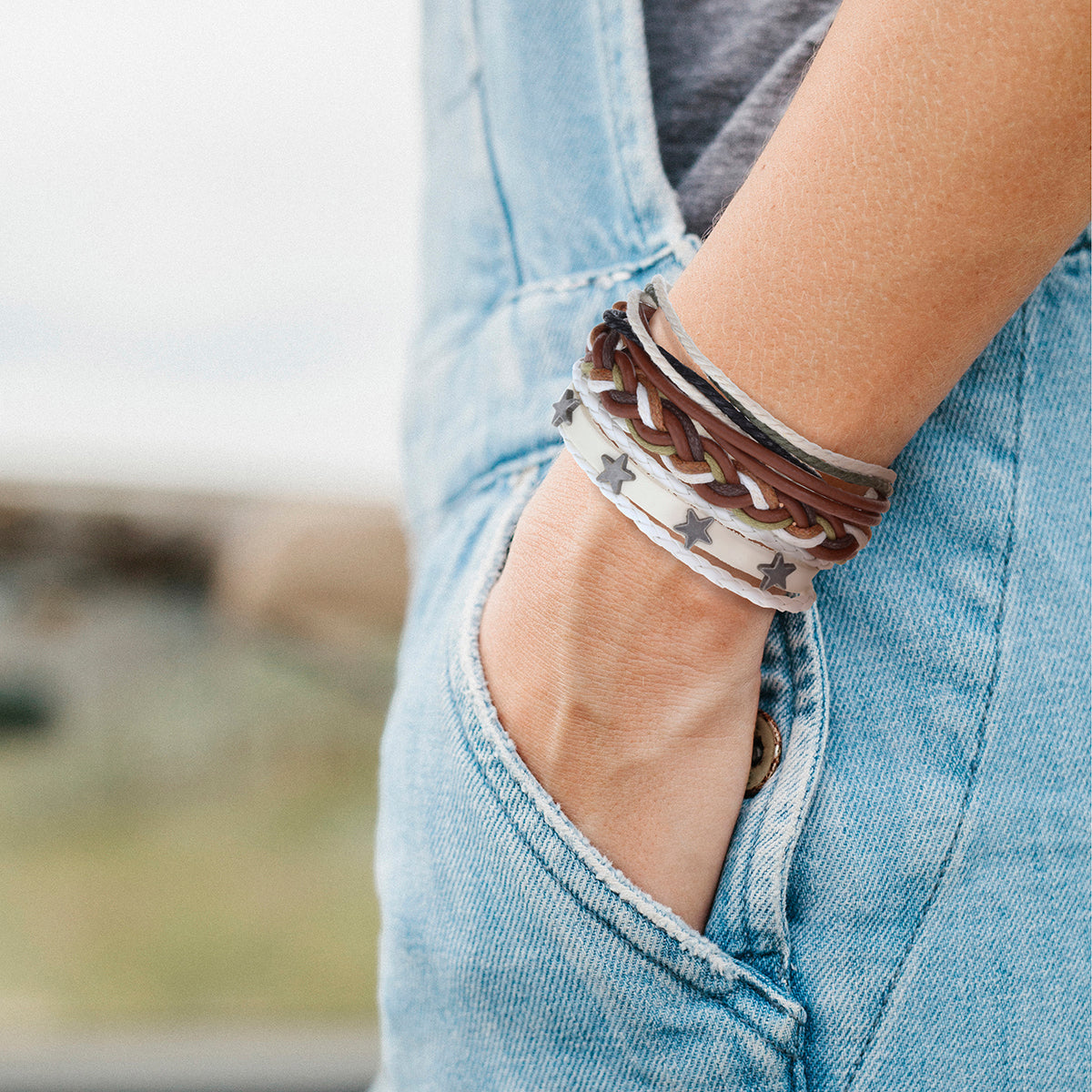 Mens Whirlybird Silver Star Studded Stacker Bracelets