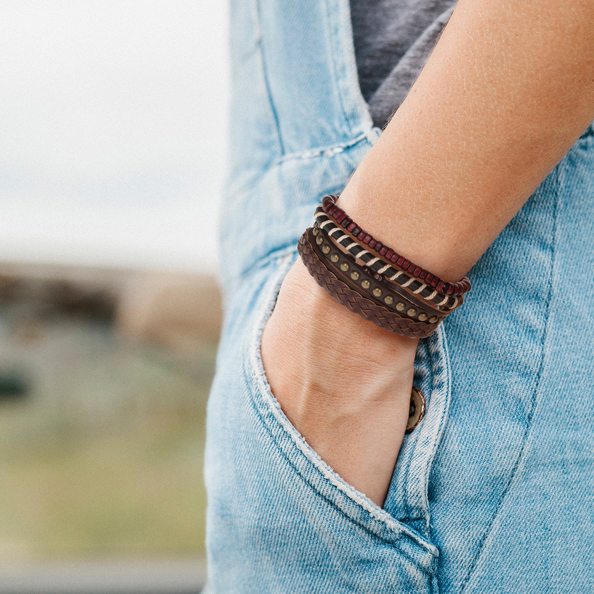 WBST21 - Mens Whirlybird Brown And White Striped Stacker Bracelets